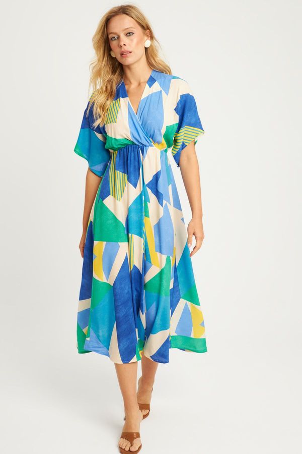 Cool & Sexy Cool & Sexy Women's Blue Patterned Double Breasted Midi Dress HT108