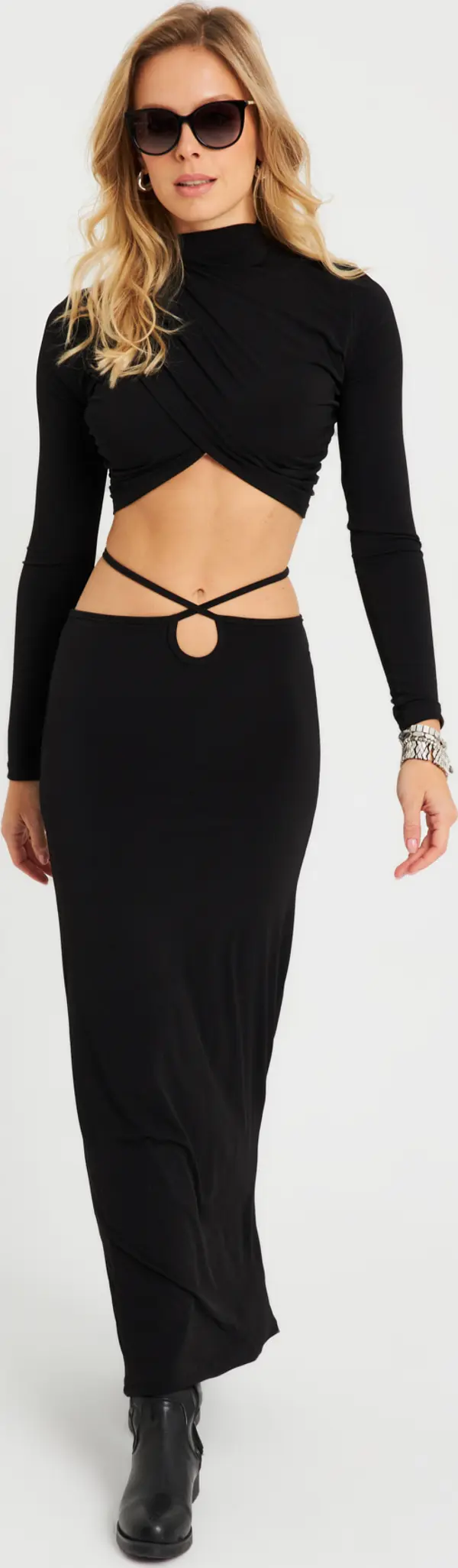 Cool & Sexy Cool & Sexy Women's Bottom Top Gathered Crop Suit Black YEL86