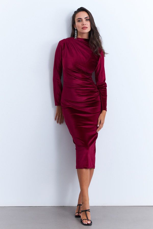 Cool & Sexy Cool & Sexy Women's Burgundy Draped Midi Dress