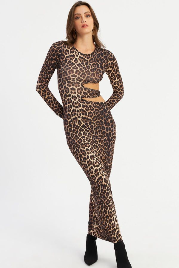 Cool & Sexy Cool & Sexy Women's Camel-Black Low-Cut Leopard Maxi New Year's Dress LIK9