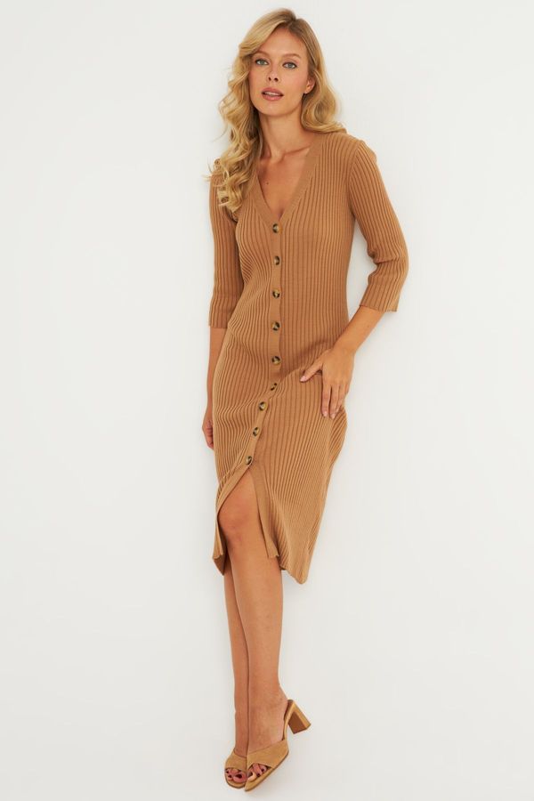 Cool & Sexy Cool & Sexy Women's Camel Knit Midi Shirt Dress YV274
