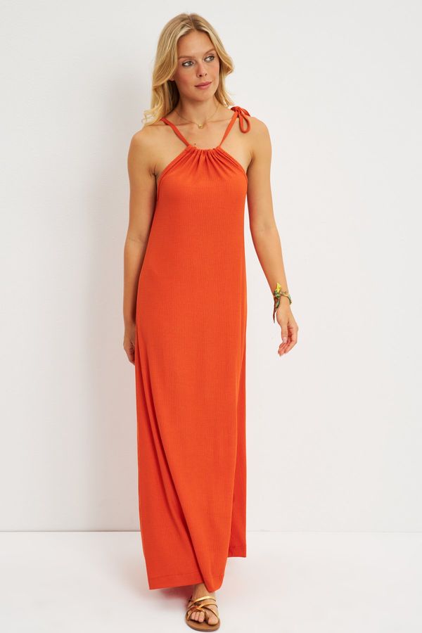 Cool & Sexy Cool & Sexy Women's Orange Halter Neck Wrap Midi Dress