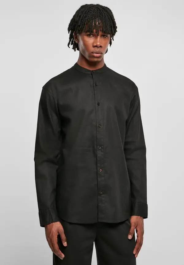 Urban Classics Cotton linen shirt with stand-up collar black