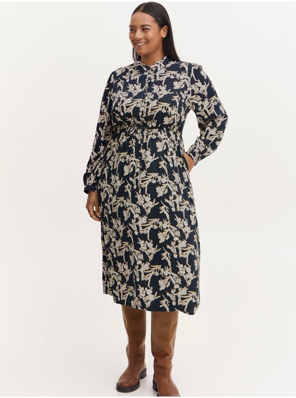 Fransa Cream-blue floral shirt midi dress with tie Fransa - Women's