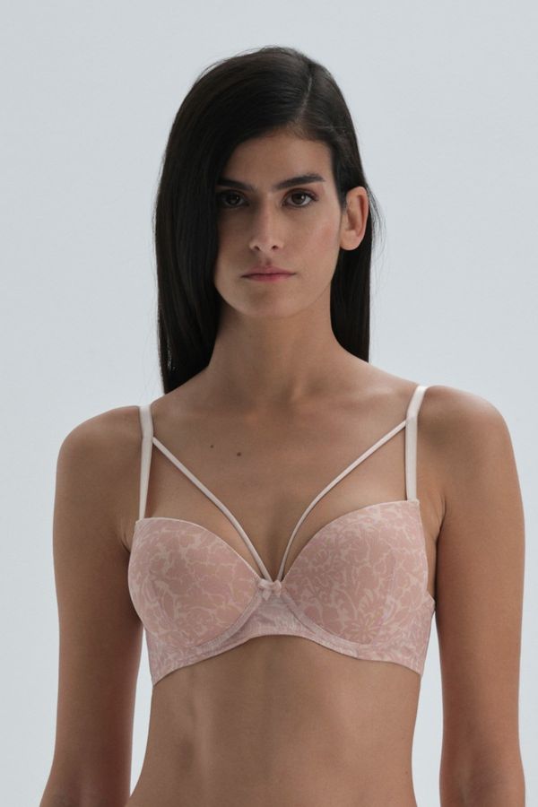 Dagi Dagi Dark Pink Semi-Padded, Patterned Tulle Bra with String Detail on the Breast