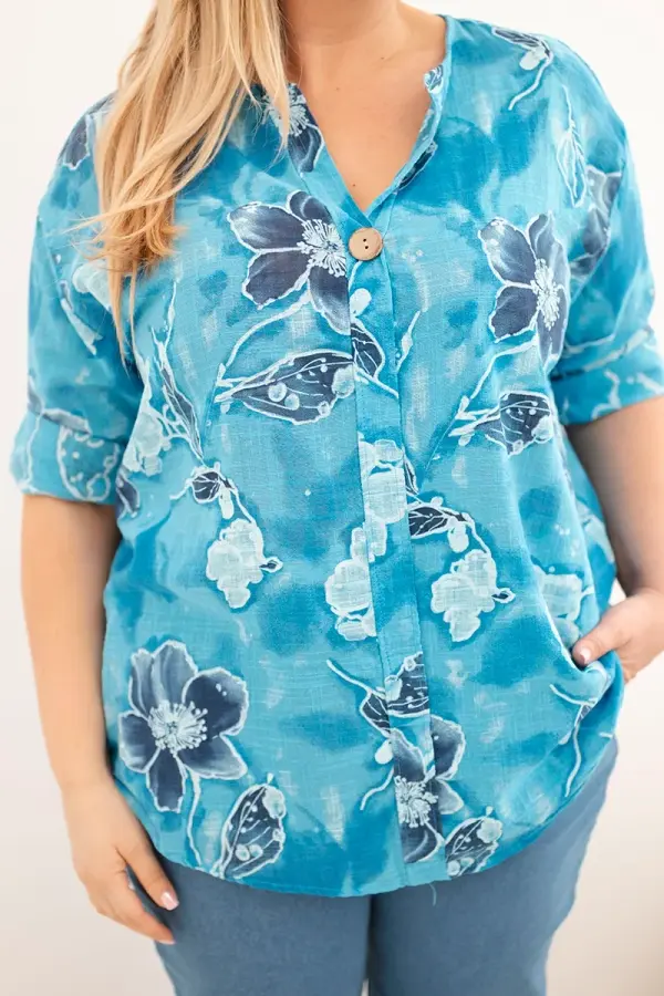 Kesi Włoski Дамска блуза Kesi plus size с флорален мотив, тюркоазена