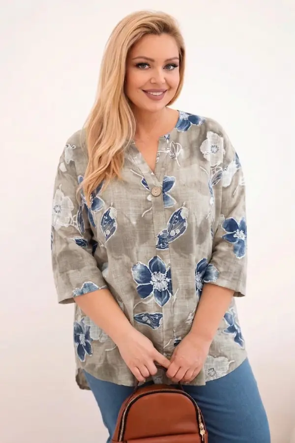 Kesi Włoski Дамска блуза Kesi с големи размери и флорален мотив, бежова