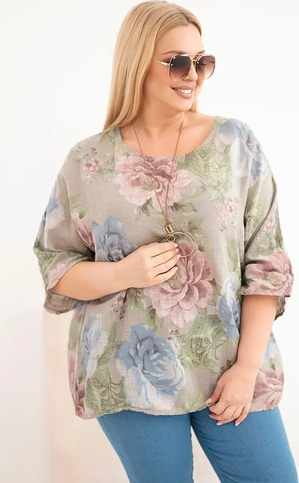 Kesi Włoski Дамска блуза Kesi с големи размери, къс ръкав и флорален мотив