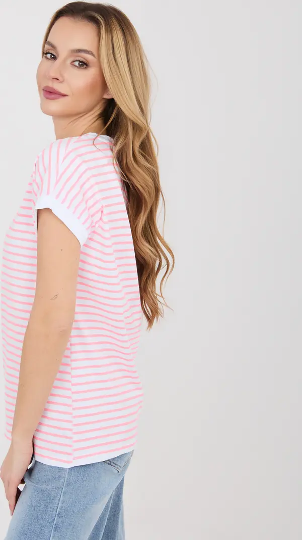 RELEVANCE Дамска бяло-розова тениска с кръгло деколте