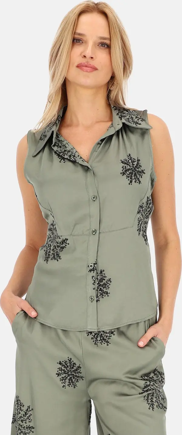 PERSO Дамска елегантна блуза без ръкави с кристали