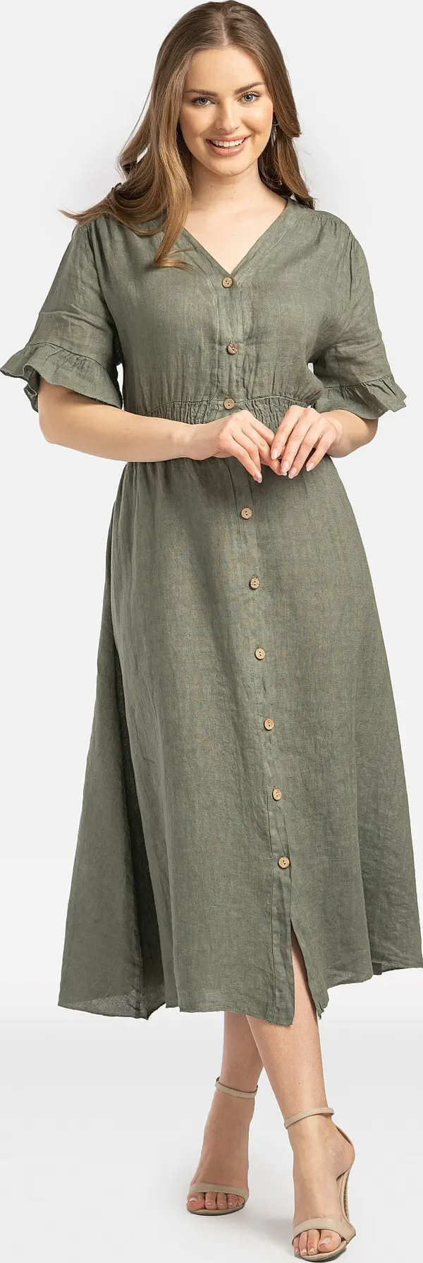 PERSO Дамска ленена миди рокля с копчета