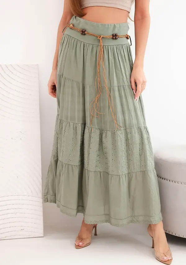 Kesi Włoski Дамска макси памучна пола с бродерия, каки