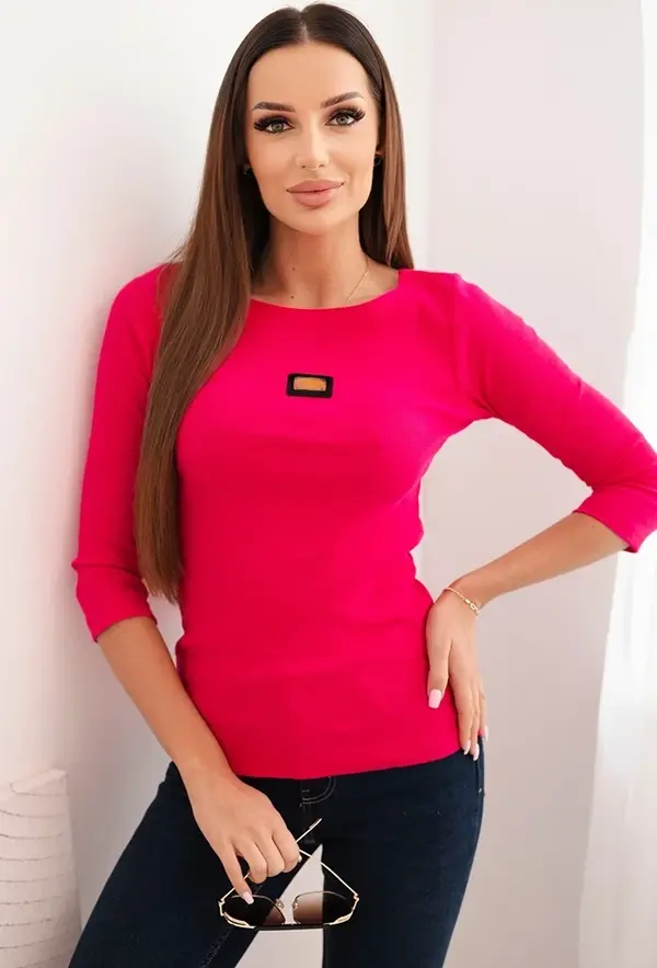 Kesi Дамска оребрена блуза с 3/4 ръкави и декоративна лепенка