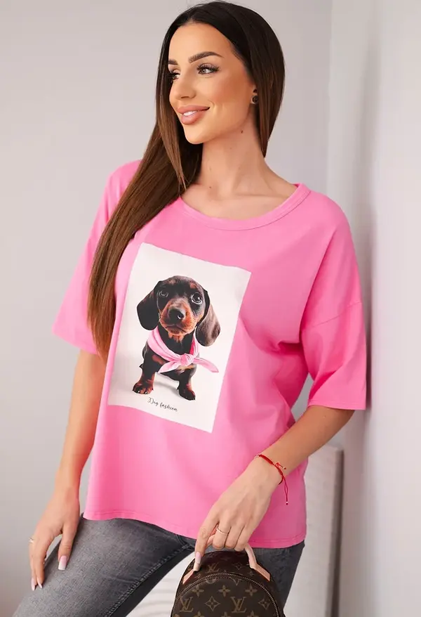 Kesi Włoski Дамска овърсайз блуза с щампа "Dog Fashion" - розова