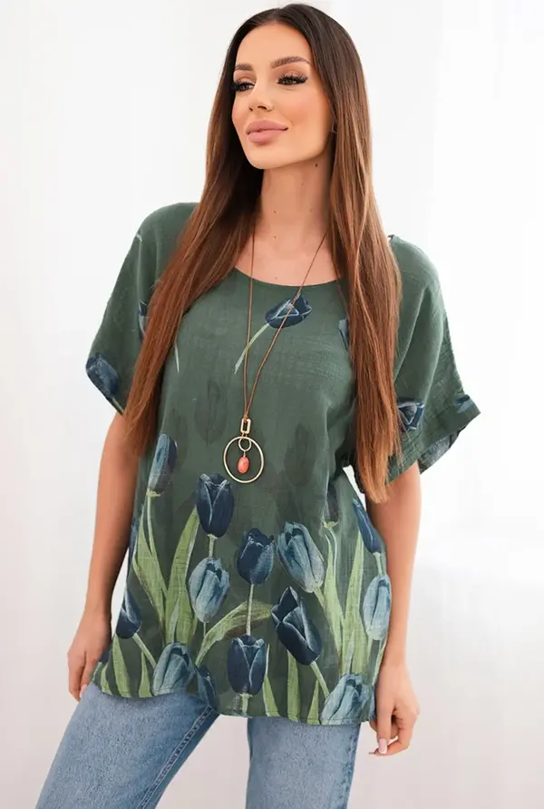 Kesi Włoski Дамска памучна блуза с флорален мотив, тъмно каки