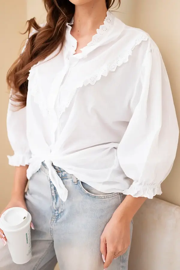 Kesi Włoski Дамска памучна риза Kesi с дантела и връзки