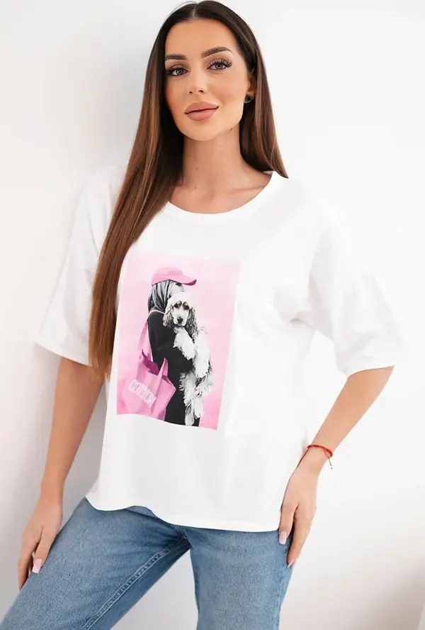 Kesi Włoski Дамска памучна тениска Kesi с щампа, голям размер, бяла