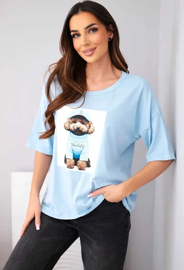 Kesi Włoski Дамска памучна тениска Kesi с щампа, овърсайз, синя