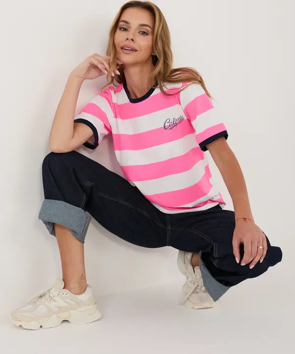 Italy Moda Дамска раирана тениска, флуоресцентно розово