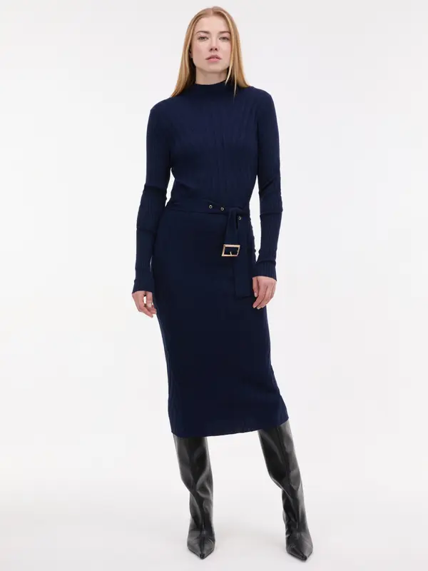 Orsay Дамска тъмносиня миди рокля с колан