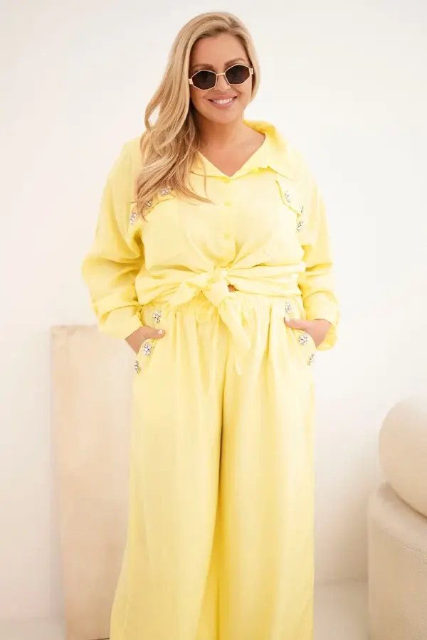 Kesi Дамски комплект Kesi Plus Size с риза и широки панталони, жълт