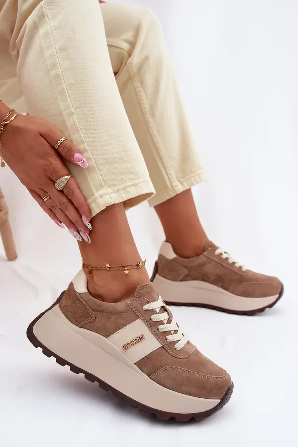 Boto Дамски кожени маратонки на платформа - тъмнобежови