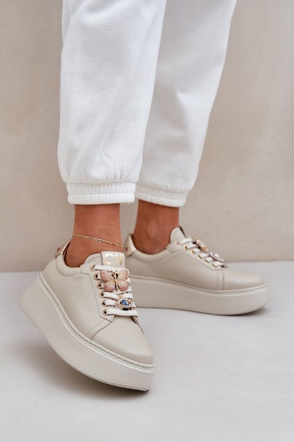 CheBello Дамски кожени маратонки с декорации CheBello 4292 Бежови