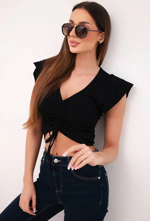 Kesi Дамски оребрен раиран кратък топ с волани