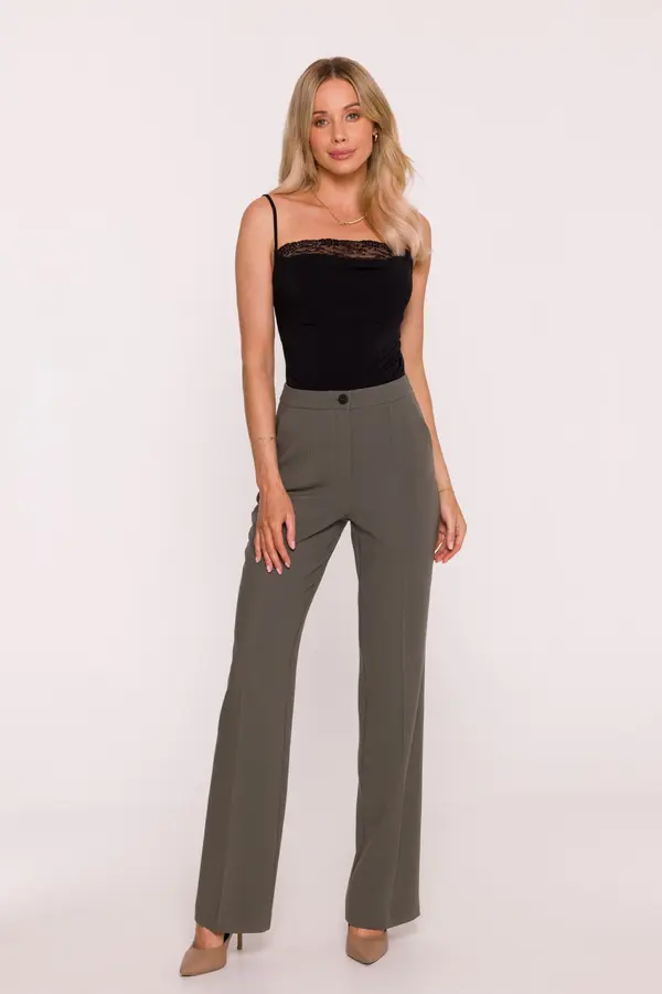 Stylove Дамски панталон с широки крачоли и плисиран подгъв - каки