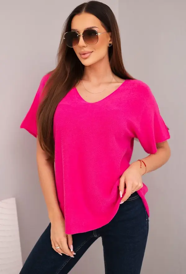 Kesi Włoski Дамски пуловер с къс ръкав и V-образно деколте, цвят фуксия