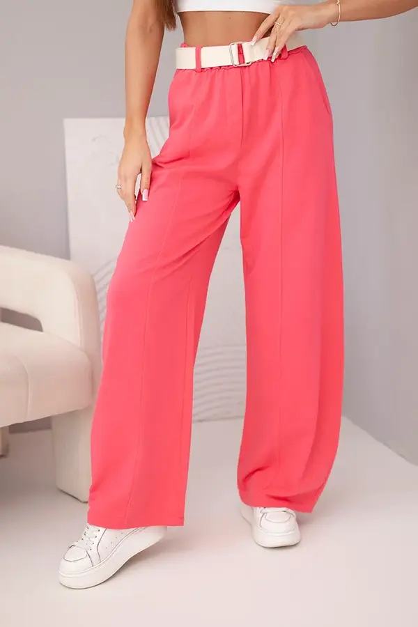 Kesi Włoski Дамски широк панталон Kesi с колан, малинов цвят