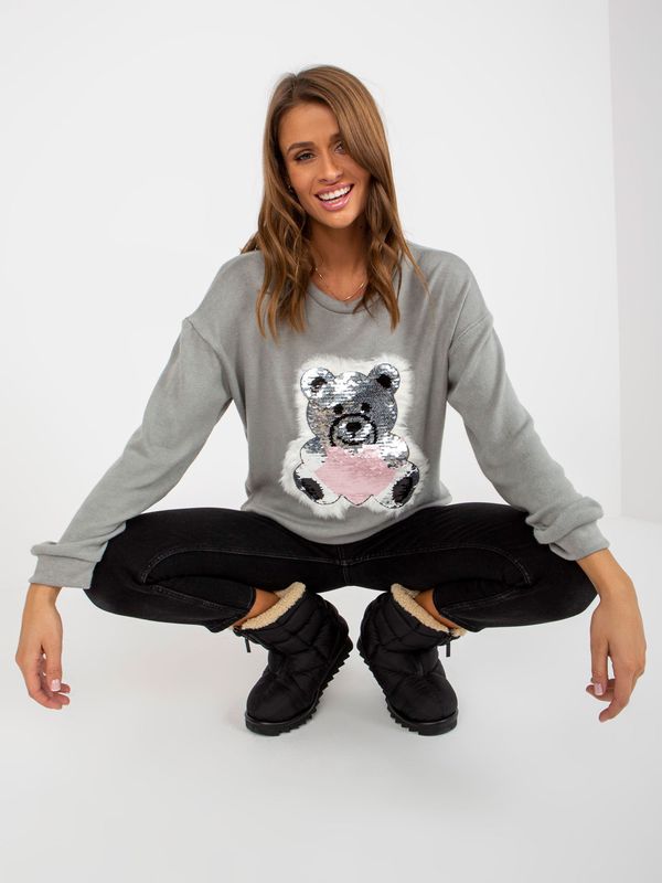 Fashionhunters Дамски сив класически пуловер с пайети лепенка