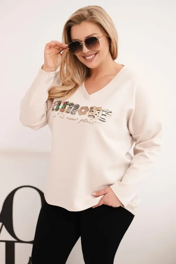 Kesi Włoski Дамски суитшърт Kesi Włoski Plus Size с щампа и V-образно деколте