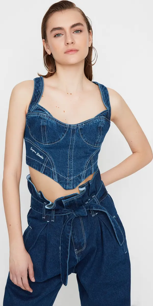 Trendyol Дамски съкратен топ Trendyol TPRAW22BZ1118/Navy blue