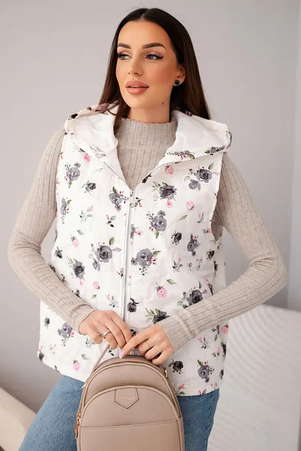 Kesi Włoski Дамски ватиран елек с качулка и флорален принт Kesi