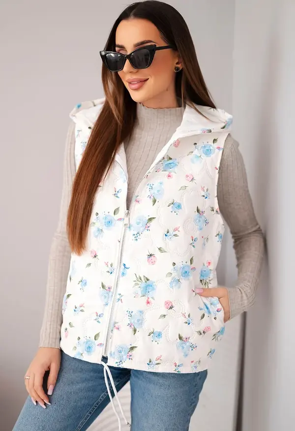 Kesi Włoski Дамски ватиран елек с качулка и флорален принт