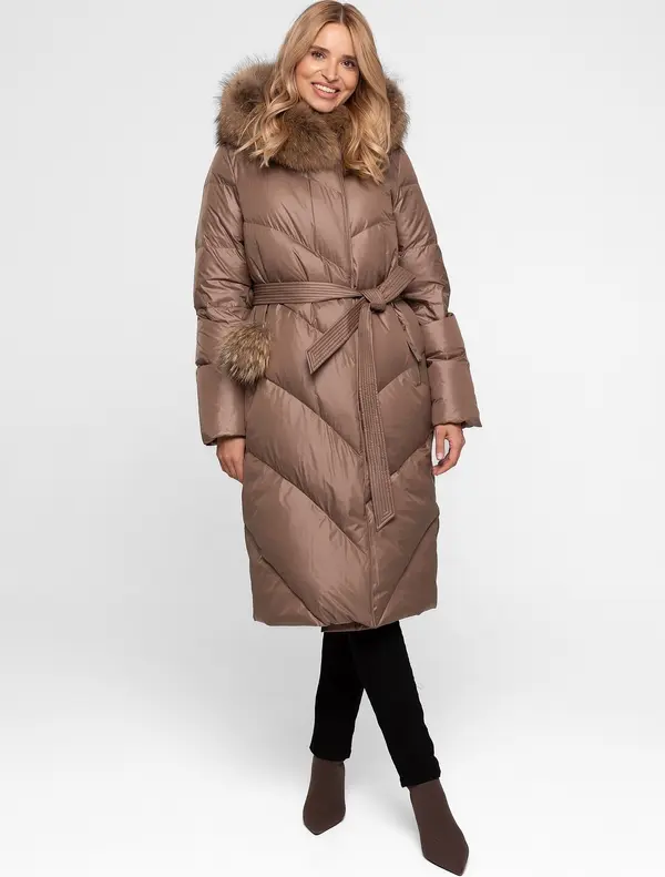 PERSO Дамско дълго пухено палто с козина и помпон