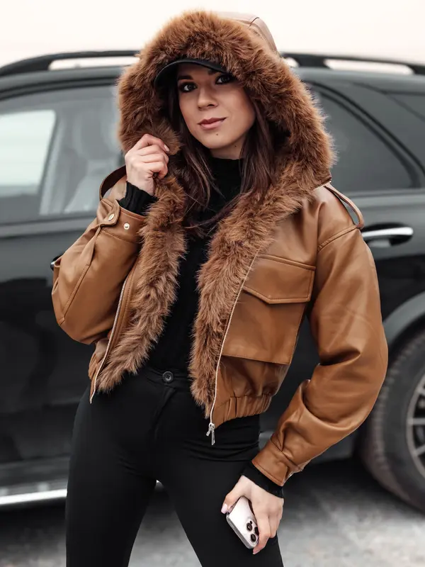 DStreet Дамско кожено яке с качулка и кожена тапицерия