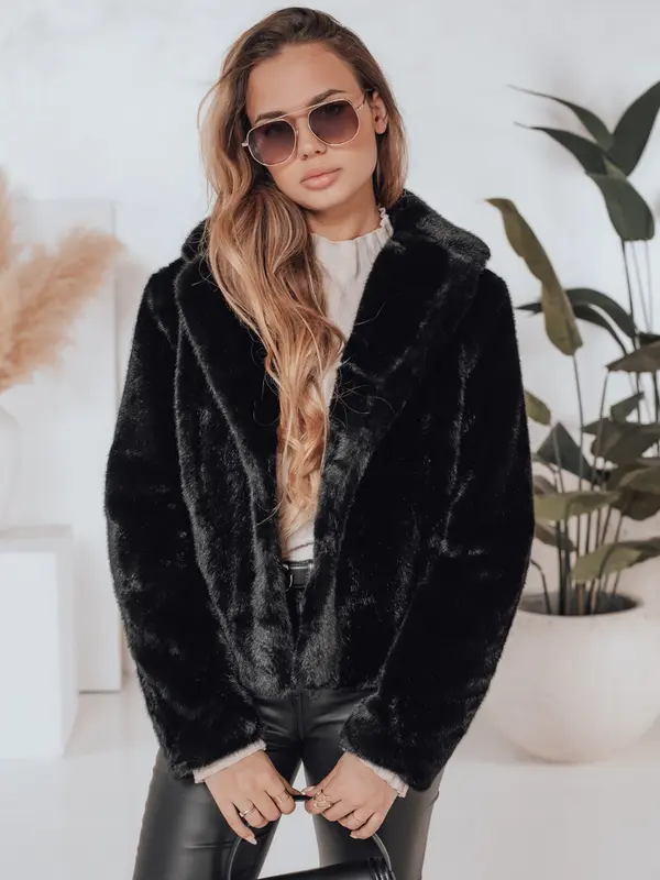 DStreet Дамско късо черно кожено палто GLAMFLUFFY