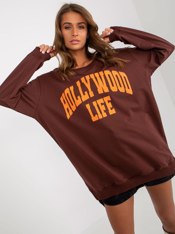 Fashionhunters Dark brown and orange oversized long sweatshirt with slogan