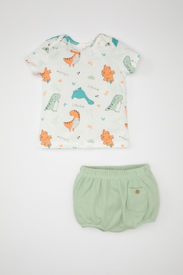 DEFACTO DEFACTO Baby Boy 2-Piece Set Dinosaur Patterned Waffle Short Sleeve T-Shirt Top Elastic Waist Shorts Bottom
