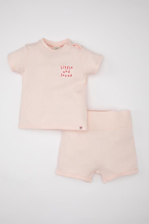 DEFACTO DEFACTO Baby Girl Embroidered Waffle Short Sleeve T-Shirt Shorts Set of 2