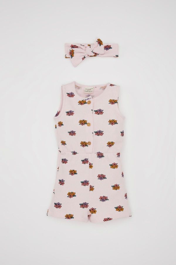DEFACTO DEFACTO Baby Girl Floral Waffle Sleeveless Jumpsuit Headband Set of 2