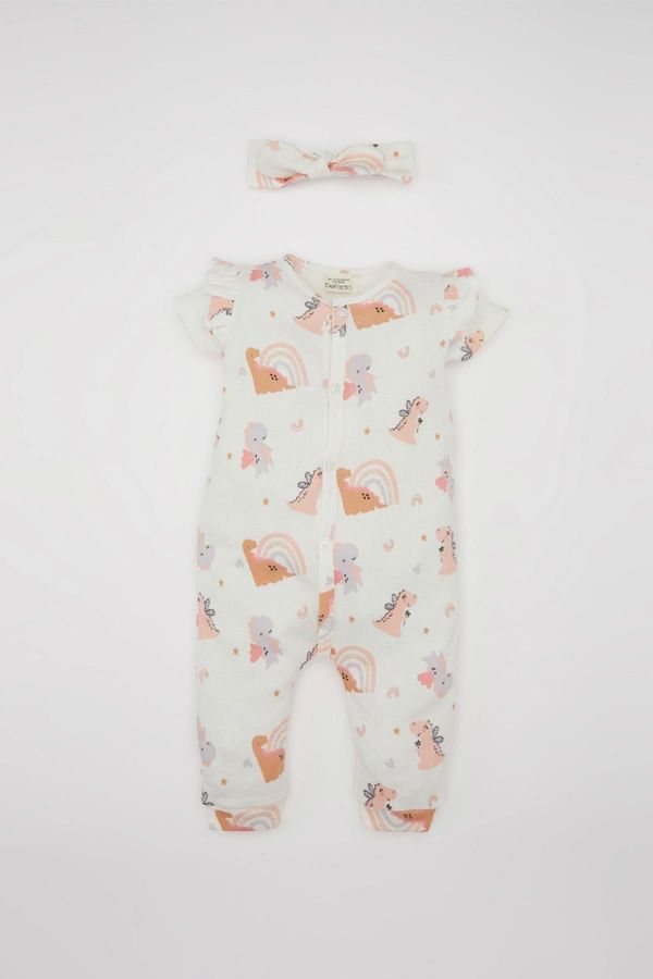 DEFACTO DEFACTO Baby Girl Newborn Dinosaur Printed Short Sleeve Waffle Romper Bandana 2-Piece Set