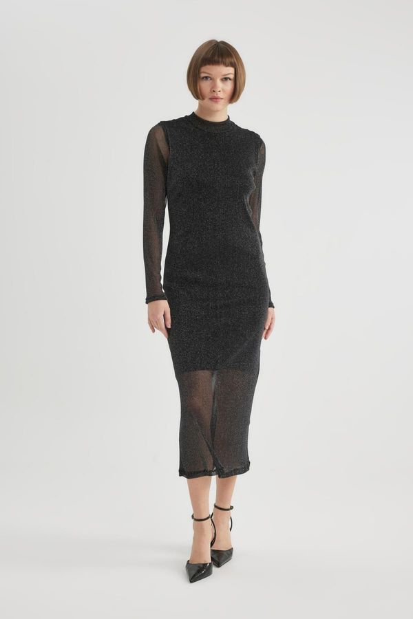 DEFACTO DEFACTO Bodycon Half Turtleneck Long Sleeve Tulle Midi Dress