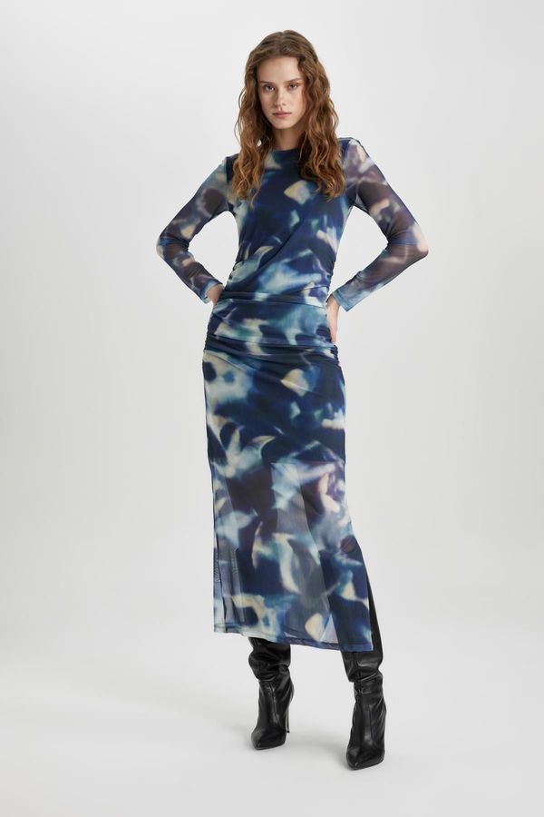 DEFACTO DEFACTO Bodycon Round Neck Tie Dye Tulle Midi Long Sleeve Dress