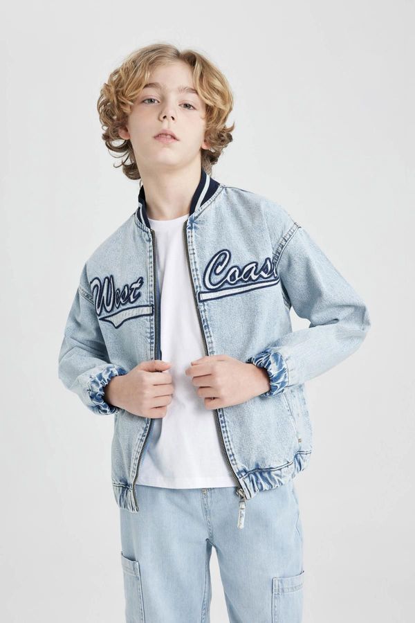 DEFACTO DEFACTO Boys College Collar Zippered Pocket Seasonal Printed Jean Bomber Jacket