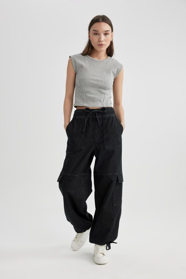 DEFACTO DEFACTO Cargo Jogger High Waist Lace-Up Ankle Length Jean Washed Trousers