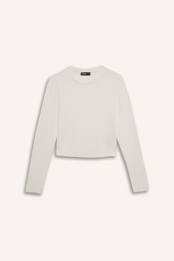 DEFACTO DEFACTO Coool Fitted Crew Neck Rib Basic Solid Long Sleeve White T-Shirt