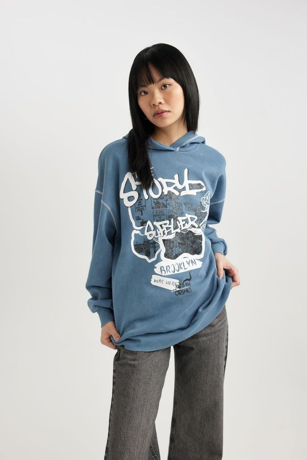 DEFACTO DEFACTO Coool Oversize Fit Printed Hooded Thick Washed Pale Effect Sweatshirt